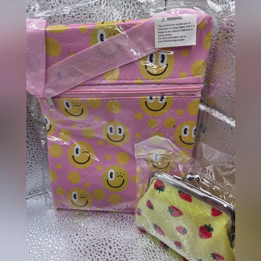 Bags, Smiley Face Pink and Yellow Kids Bag, Yellow W/ Stawberrys Coin Purse NWOT